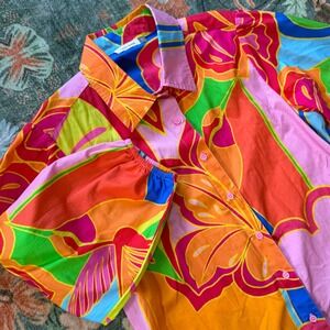 Maude Vivante Tropical Floral Button Down Shirt Dress Cotton Pink Orange Large